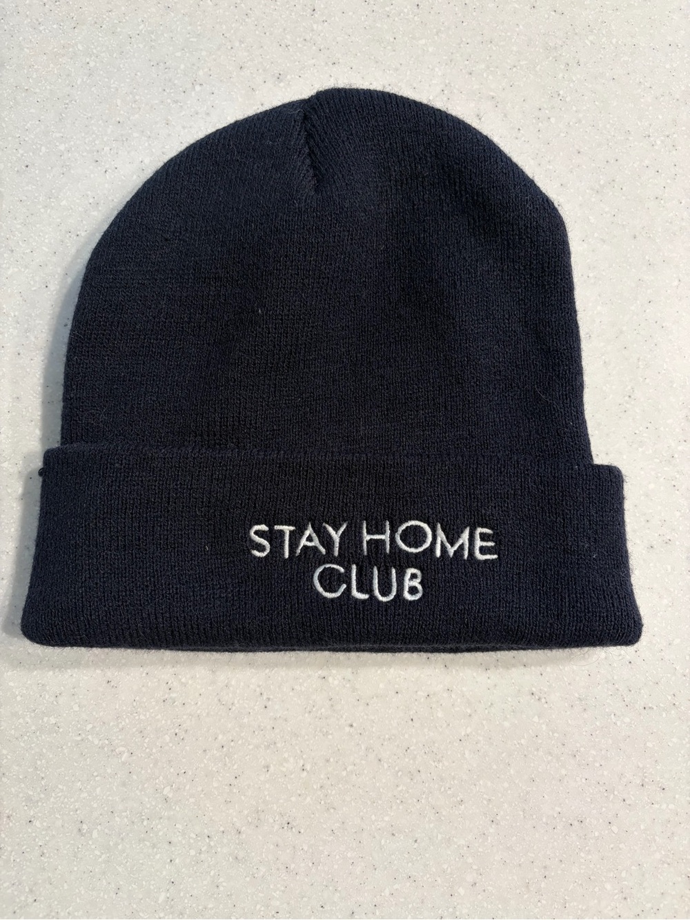 Stay Home Club Embroidered Beanie Hat. Black & White. One Size.